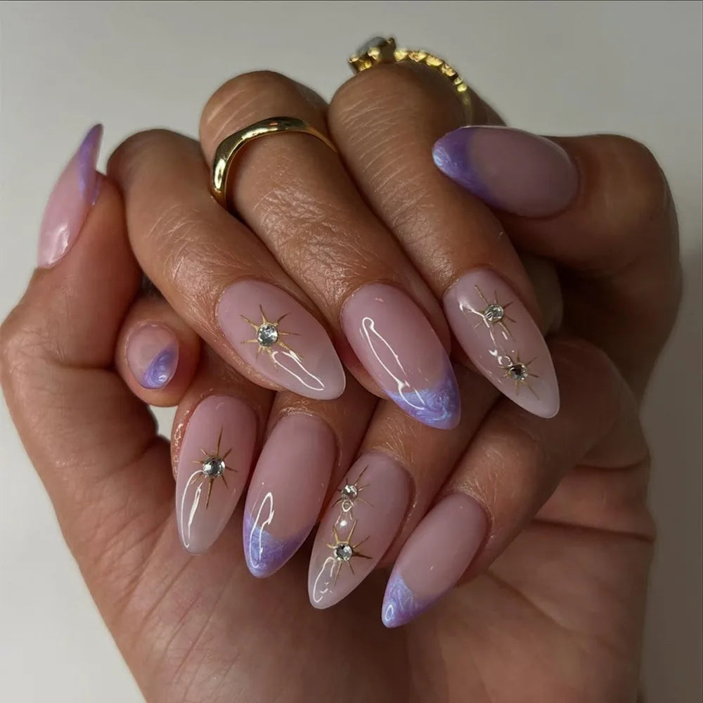 24Pcs Purple French press on nails with 3D broken diamond wearable mid-length almond fake nail tips round head false nails 075
