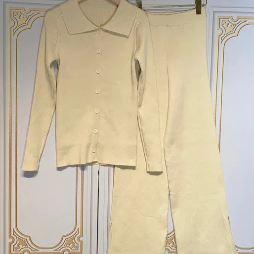 2024 Fashion Slim Knit Pants Set Lapel Flare Long Sleeve Single Breasted Cardigan Sweater & Trousers Two-Piece Set apricot