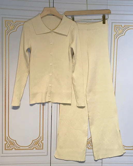 2024 Fashion Slim Knit Pants Set Lapel Flare Long Sleeve Single Breasted Cardigan Sweater & Trousers Two-Piece Set apricot