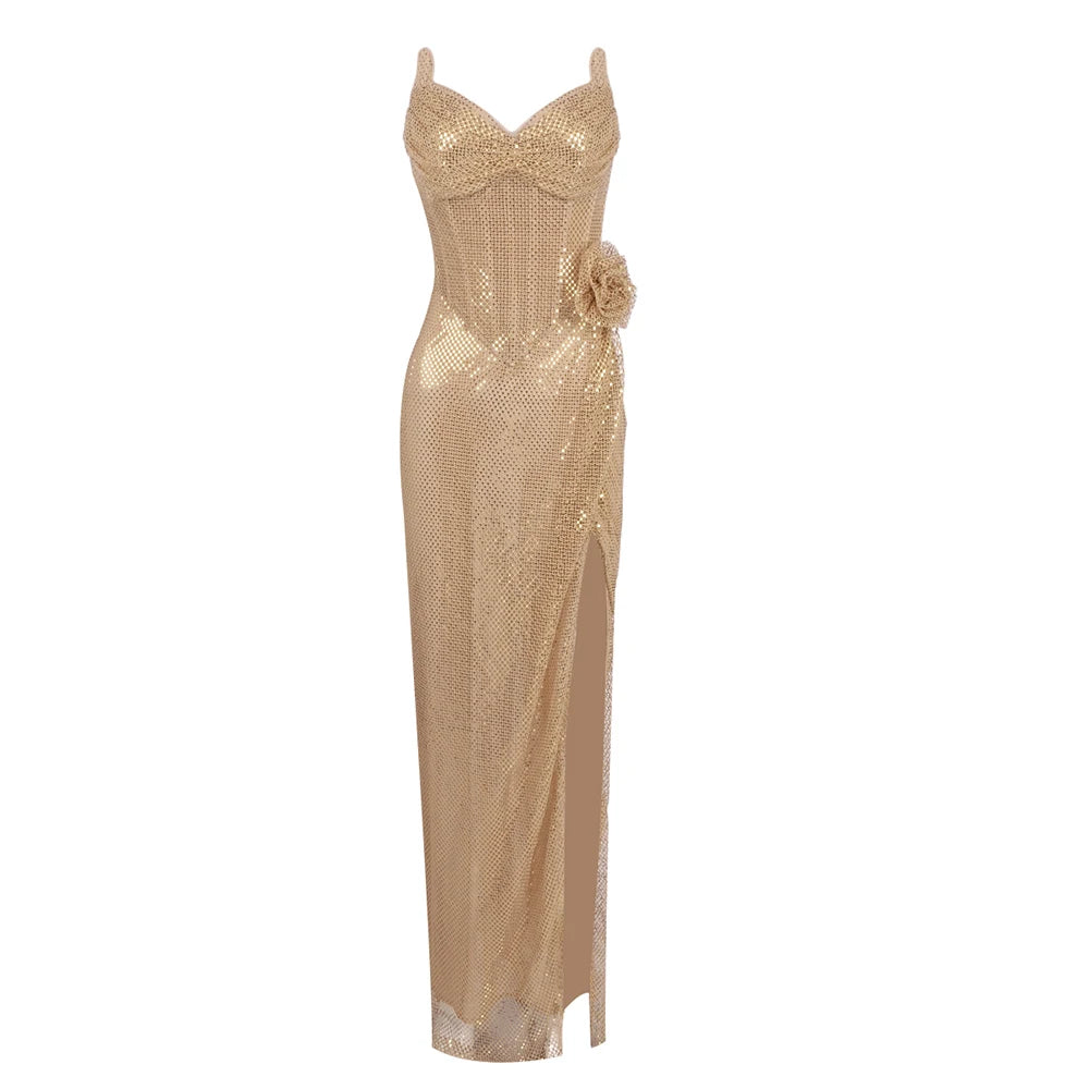 Flirty Glam Gold Sequin Strappless High Slit Backless Maxi Dress for Dance Party Summer Gown Gold