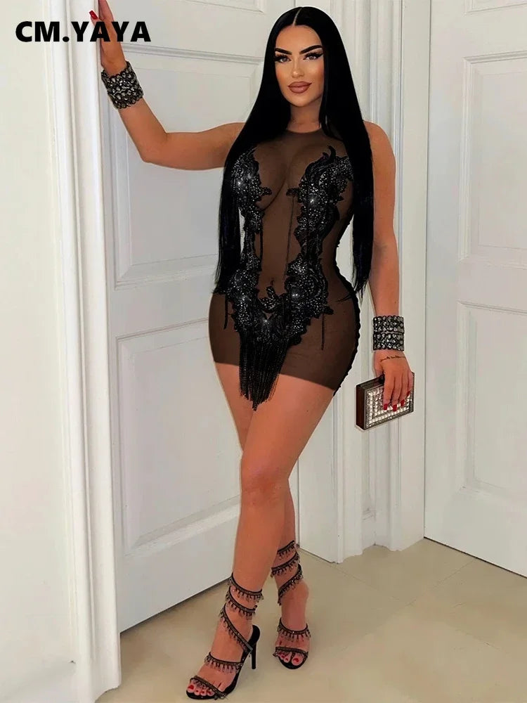 CM.YAYA Women O-neck Sequined Tassel Mini Dress Sleeveless Mesh See Through Sexy Pencil Dresses Sexy Fashion Vestidos Summer