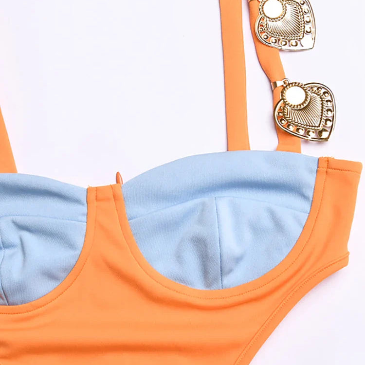 Articat Metal Shell Spaghetti Strap Women Dress Orange Patchwork Hollow Out Maxi Dress Female Skinny Elegant Party Clubwear 2022