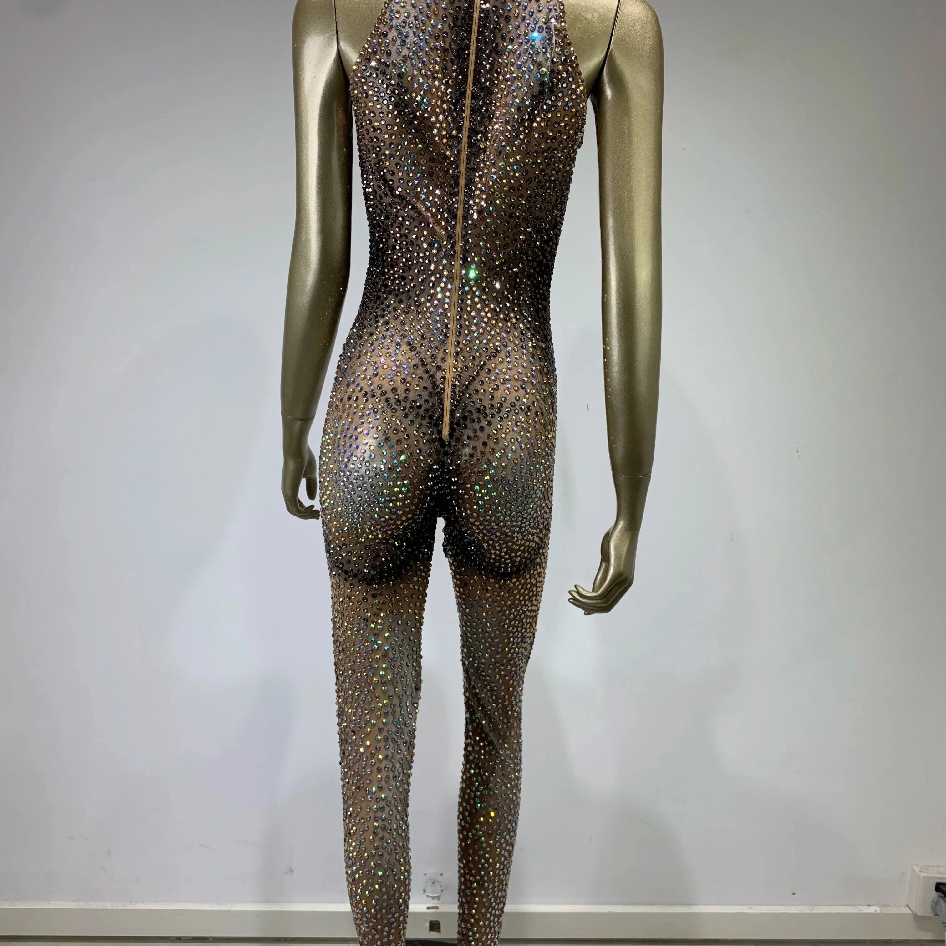 Stock Halloween Women Rhinestone Diamonds Sparkly Black Jumpsuit Birthday Party Costume Bar Nightclub Stage Performance Rompers