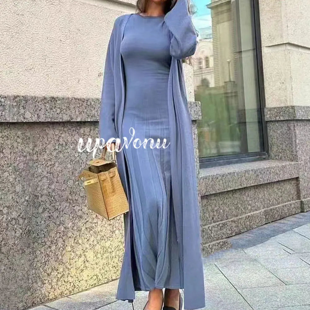 2024 Elegant Women'S Knitted Sweater Dresses Sets With Cardigan Long Jacket+Bodycon Pleated Long Knitted Dress Two-Piece Set