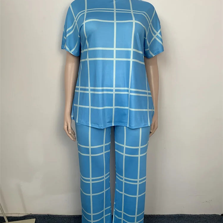 Wmstar Plus Size Two Piece Outfits Women Loose Striped Short Sleeve Top Wide Leg Pants Set Tracksuits Wholesale Dropshipping