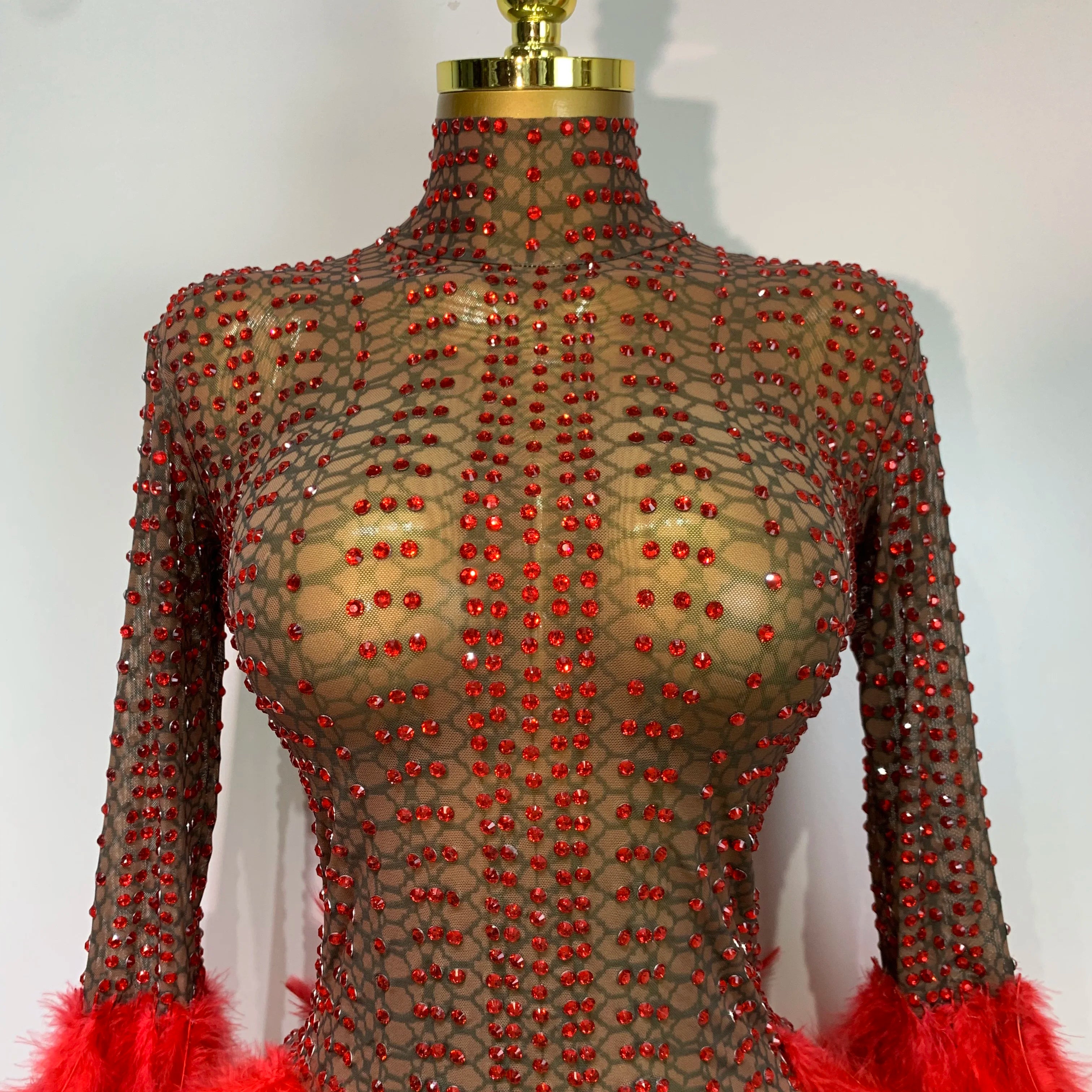 Women Luxury Birthday Dress Rhinestones Mesh Feathers Bodycon Mini Celebrity Evening Club Party Dress Nightclub Stage Outfit