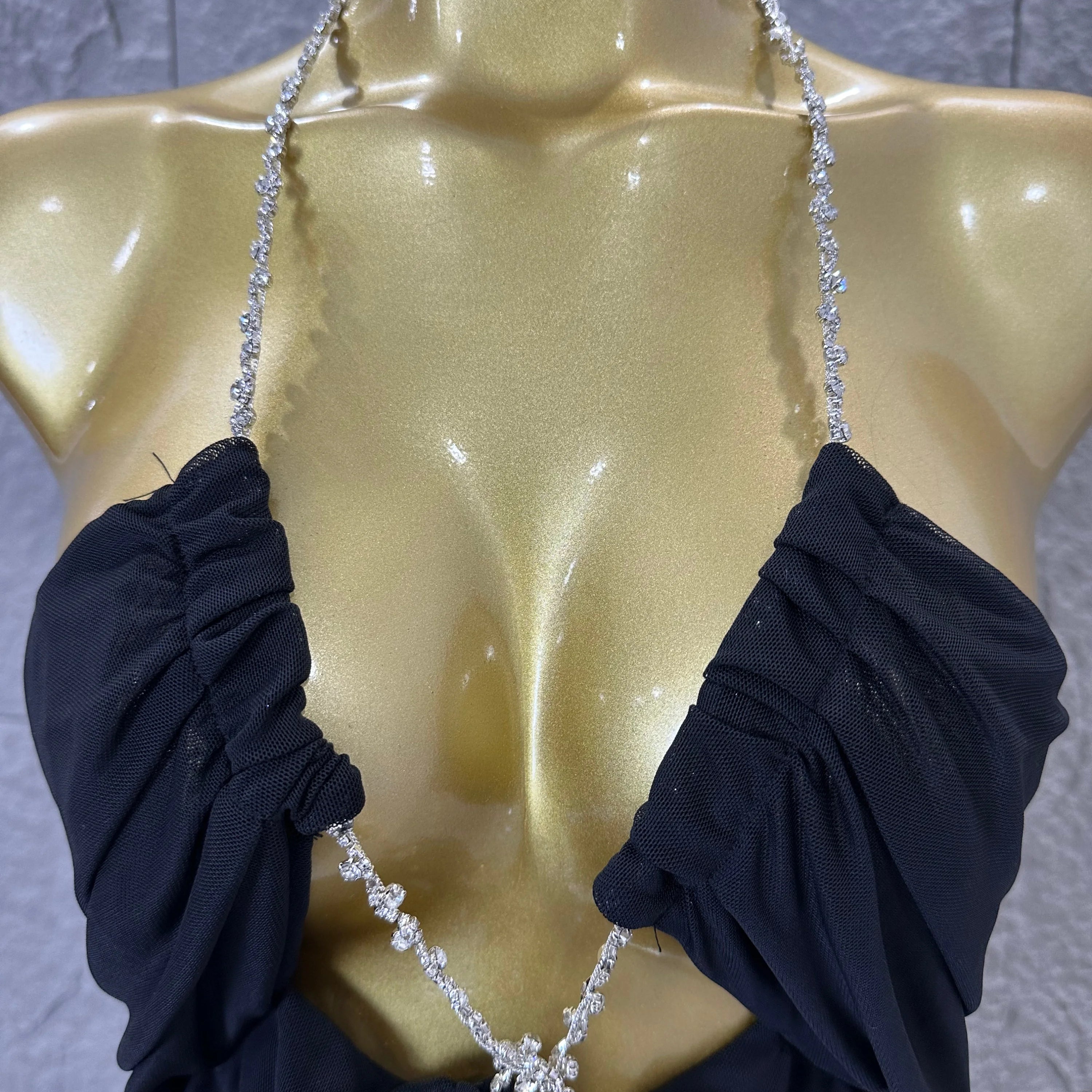 Sexy Halter Neck Maxi Dress Crystal Chain Cutout Ruched Women Sheer Mesh Form Outfit Glamorous Evening Gala Party Costume