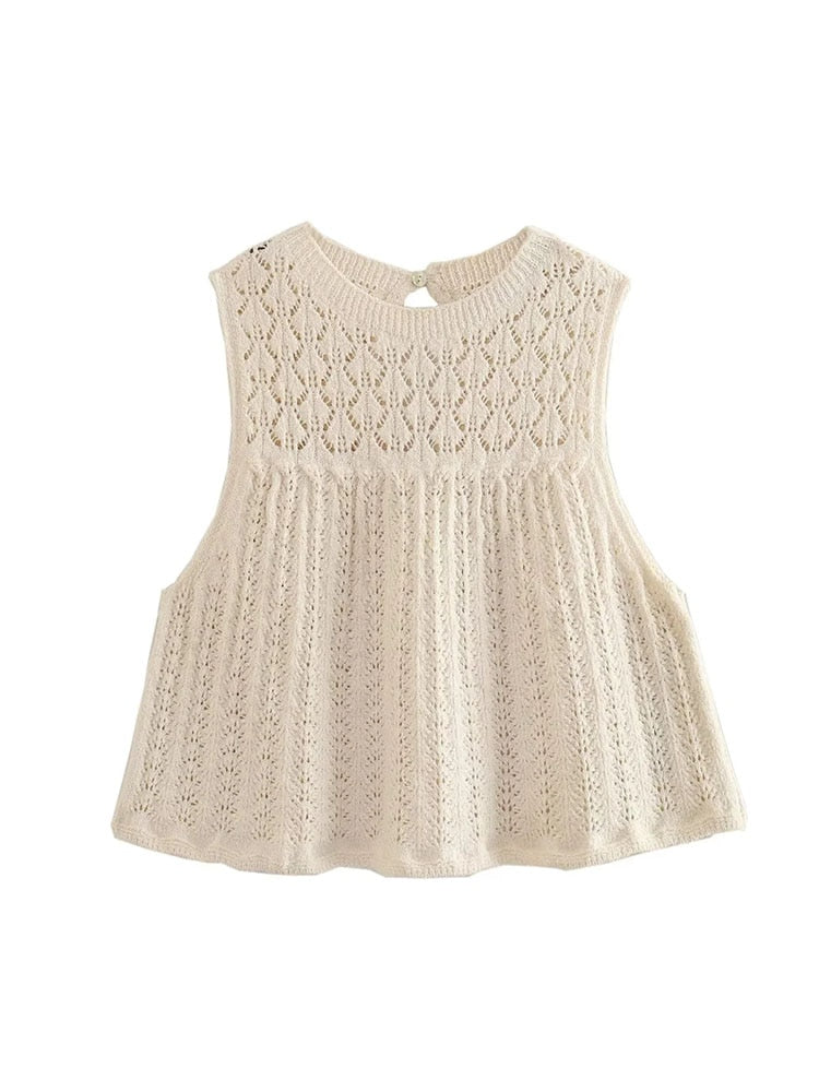 TRAF Y2K Hollow Out Knitted Women Summer 2 Piece Sets 2024 Thin Sleeveless Crop Top Female Ruffles Mini Skirt Suits