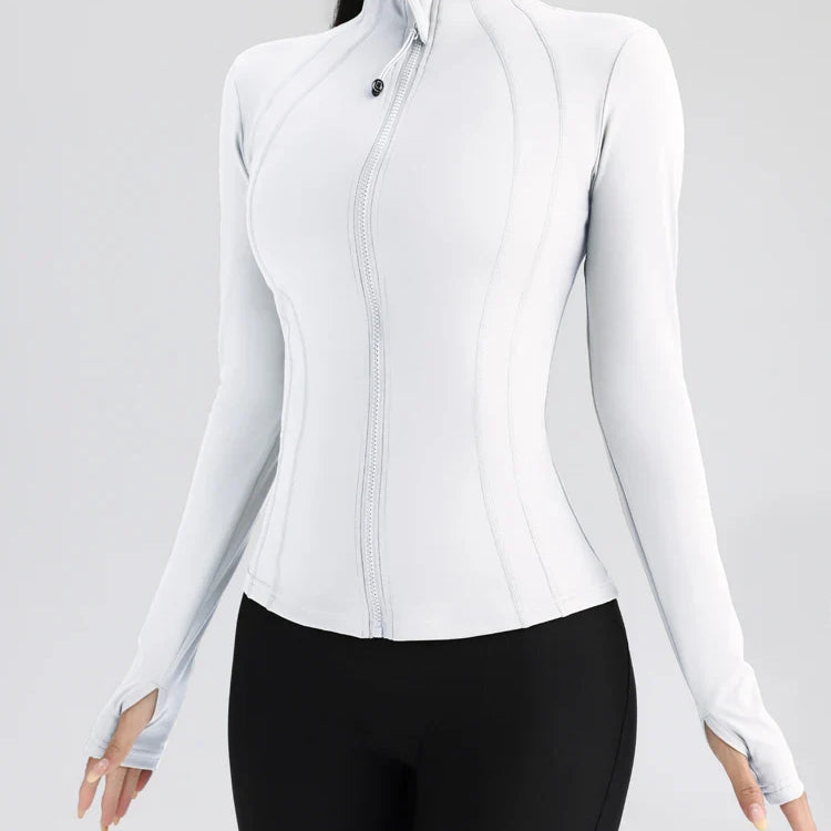 Gym Women's Full Zip Yoga Top With Thumbholes Fitness Running Jacket Stretch Fit Long Sleeve Round Neck Top Sportswear White