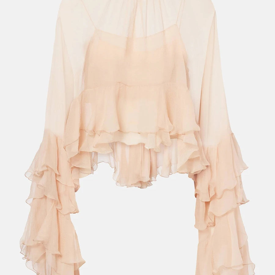 Solid Loose Sheer Blouses for Women High Neck Long Sleeves Patchwork Ruffles Folds Elegant Blouse Female Clothing PINK