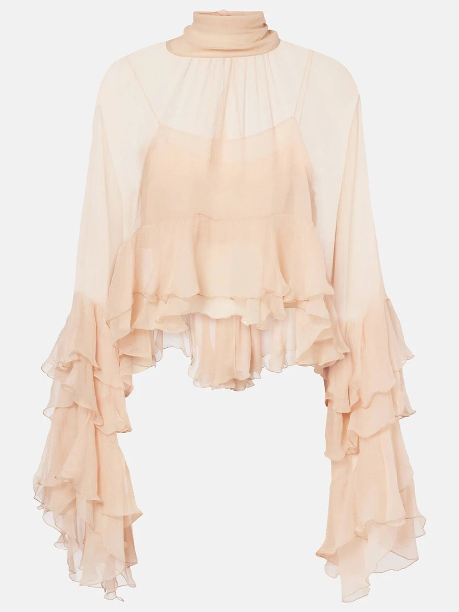 Solid Loose Sheer Blouses for Women High Neck Long Sleeves Patchwork Ruffles Folds Elegant Blouse Female Clothing PINK