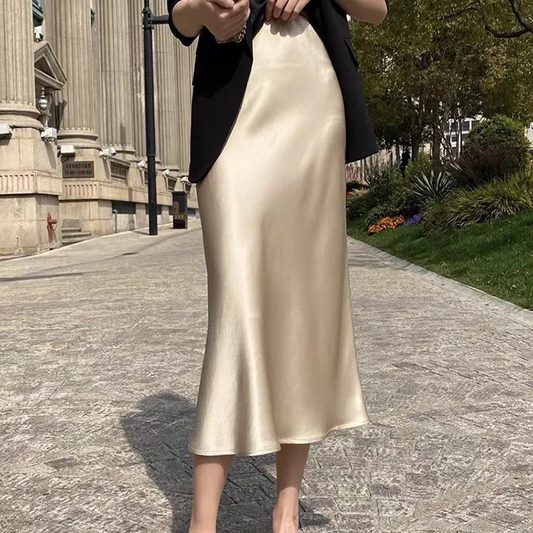 Silk Satin Skirts for Women Korean Style Champagne Office High Waist A-line Skirt Fashion Elegant Solid Long Pencil Skirt 2024