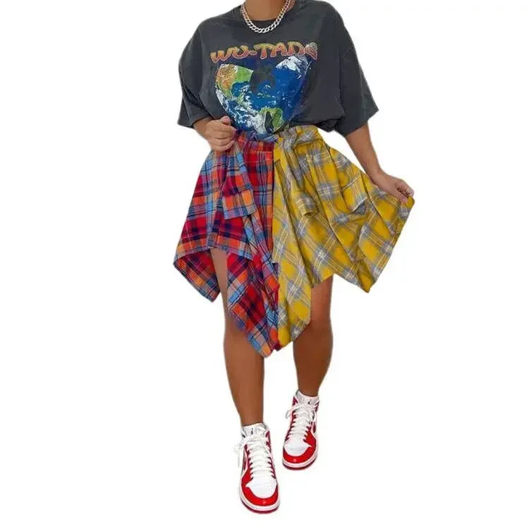 CM.YAYA Women Plaid Irregular High Waist Knee Length Skirts 2022 Summer Holiday Streetwear Sleeve Wrapped Lace Up Waist Skirt