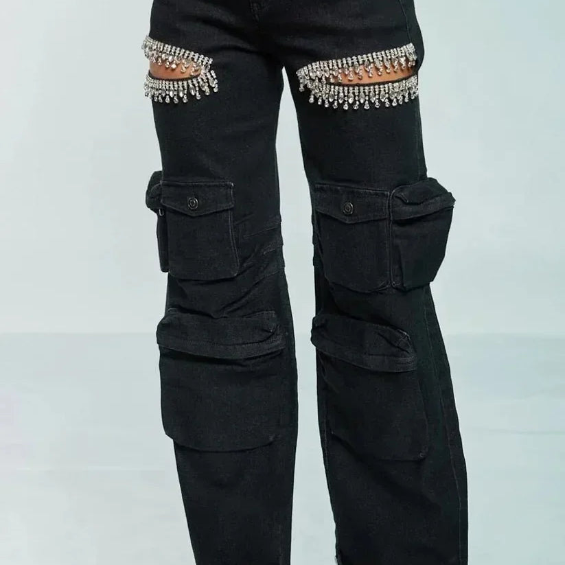 Women Cutout Diamonds Crystal Hollow Out Straight Denim Pants 2024 Fall Multi Pocket High Waist Wide Leg Jeans Trousers Black