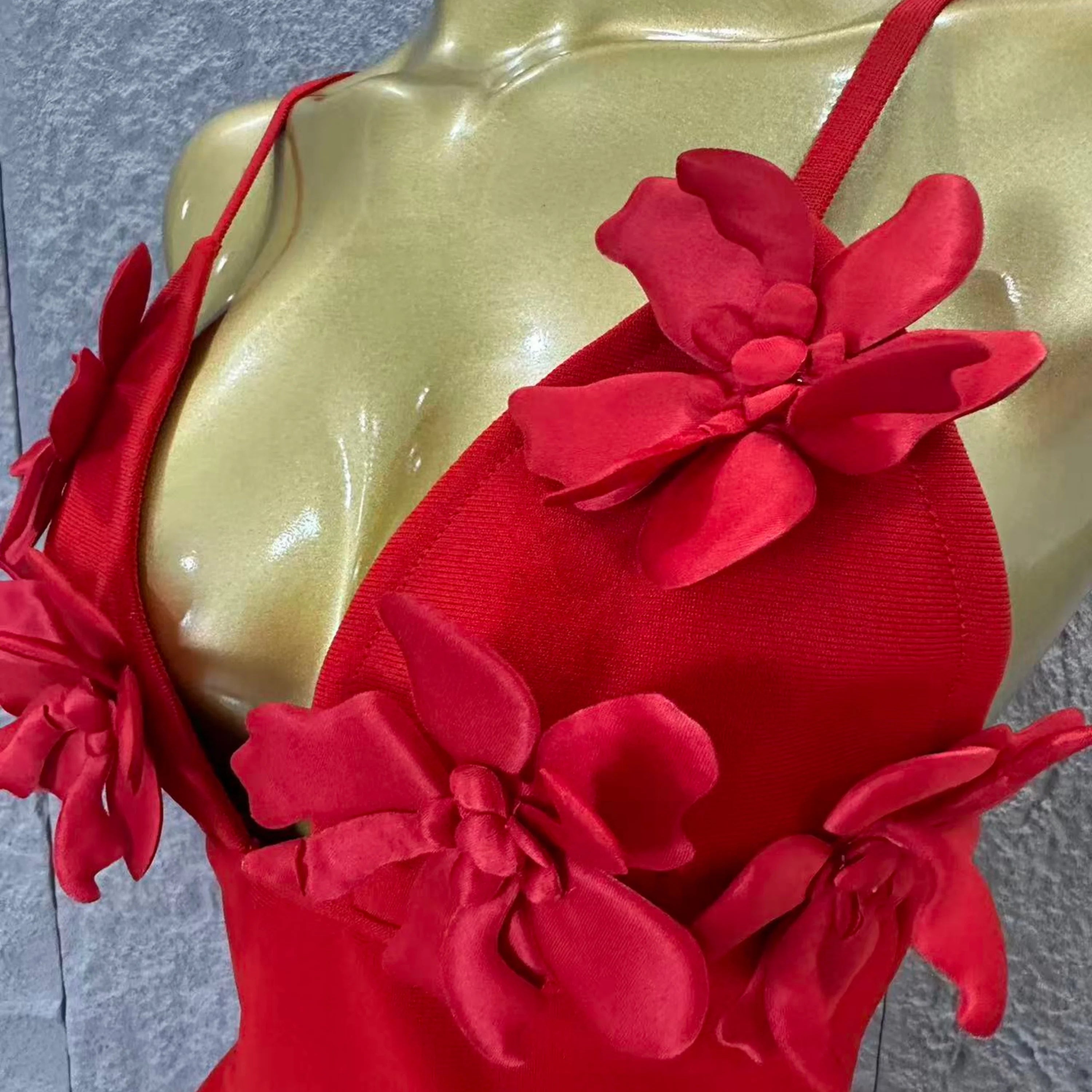 Sexy Deep V Red 3D Flower Applique Dress Slim Fit Bodycon Bandage Night Out Wedding Guest Club Cocktail Evening Party Outfit