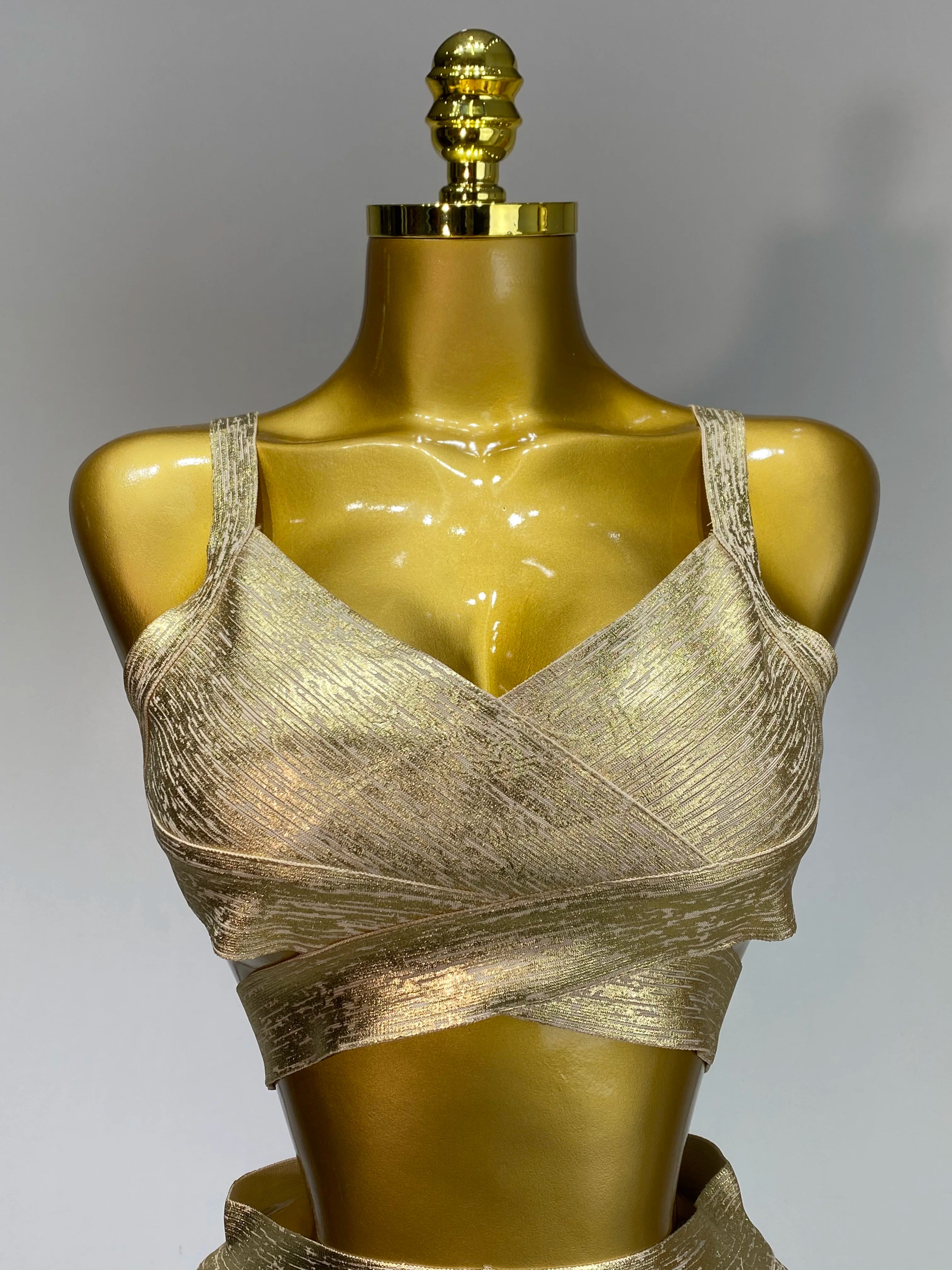 2025 New Summer Sexy V Neck Gold Bandage Two Pieces Set Women Charming Celebrity Bodycon Skirt Suits Club Birthday Vestido