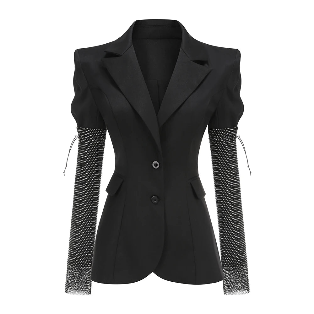 Black V Neck Long Sleeves Blazer With Rhinestones Embellished Cuff Crystals Patchwork Slim Jacket Single Breasted Coat black