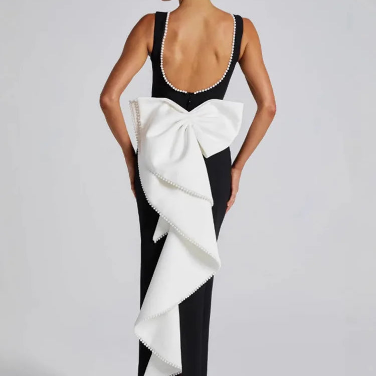 Elegant Pearl Bow Backless Sexy Maxi Dress Women Gown Fashion Sleeveless High Waist A-line Club Party Long Dress