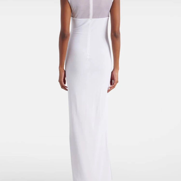 Cool Fashion Black White Sheer Mesh Sleeveless O-Neck Ankle Dress for Party Date Night Evening Gown