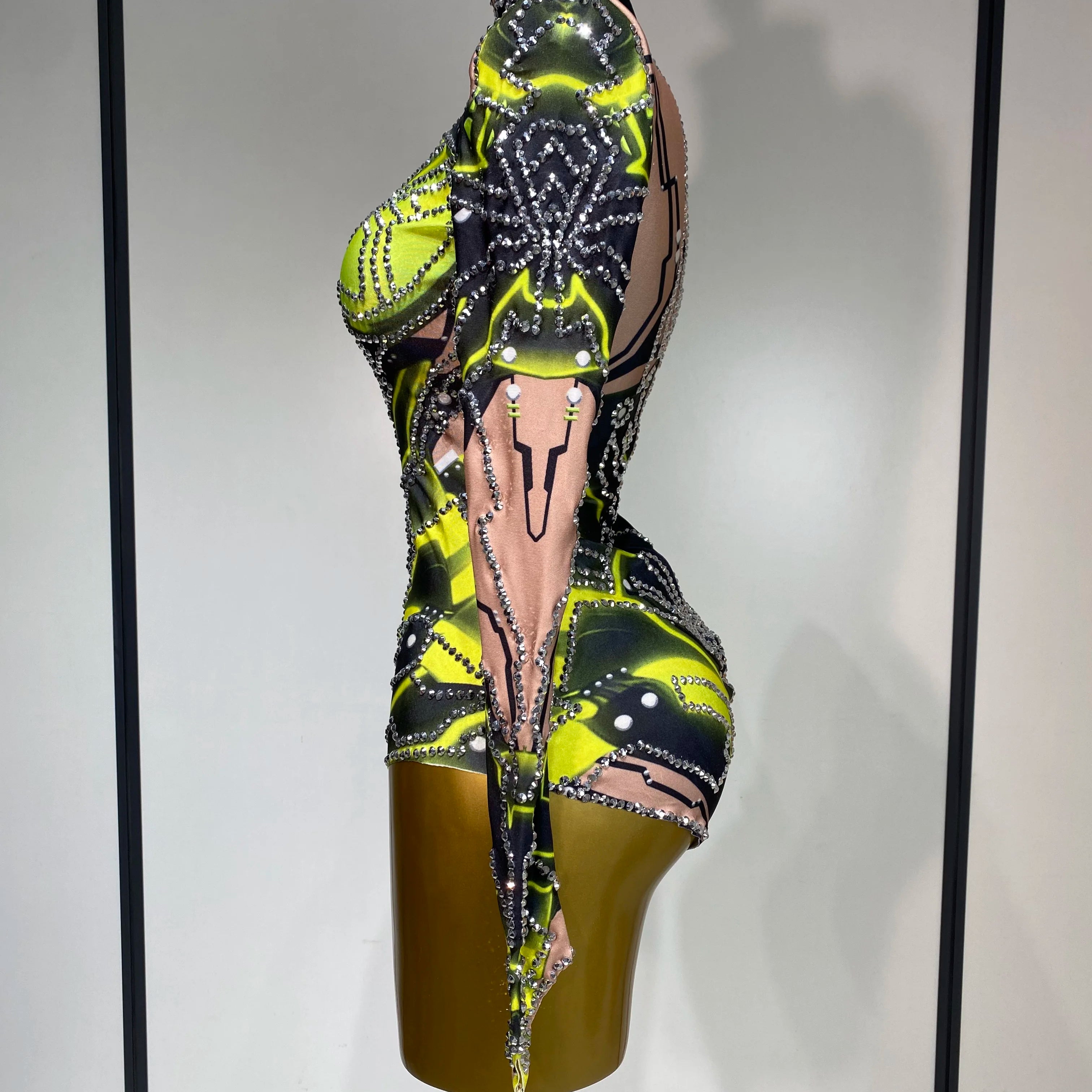 Women Sparkly Rhinstones High Street Bodysuit Performance Dance Singer Costume Nightclub Evening Party Birthday Stage Outfit