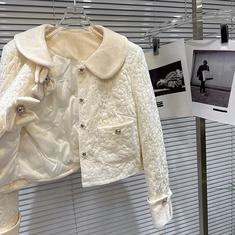 Winter New Fashion Elegant Rhinestone Velvet Quilted Jacket Bowknot Short Skirt Two-pieces Set For Women 11A07528