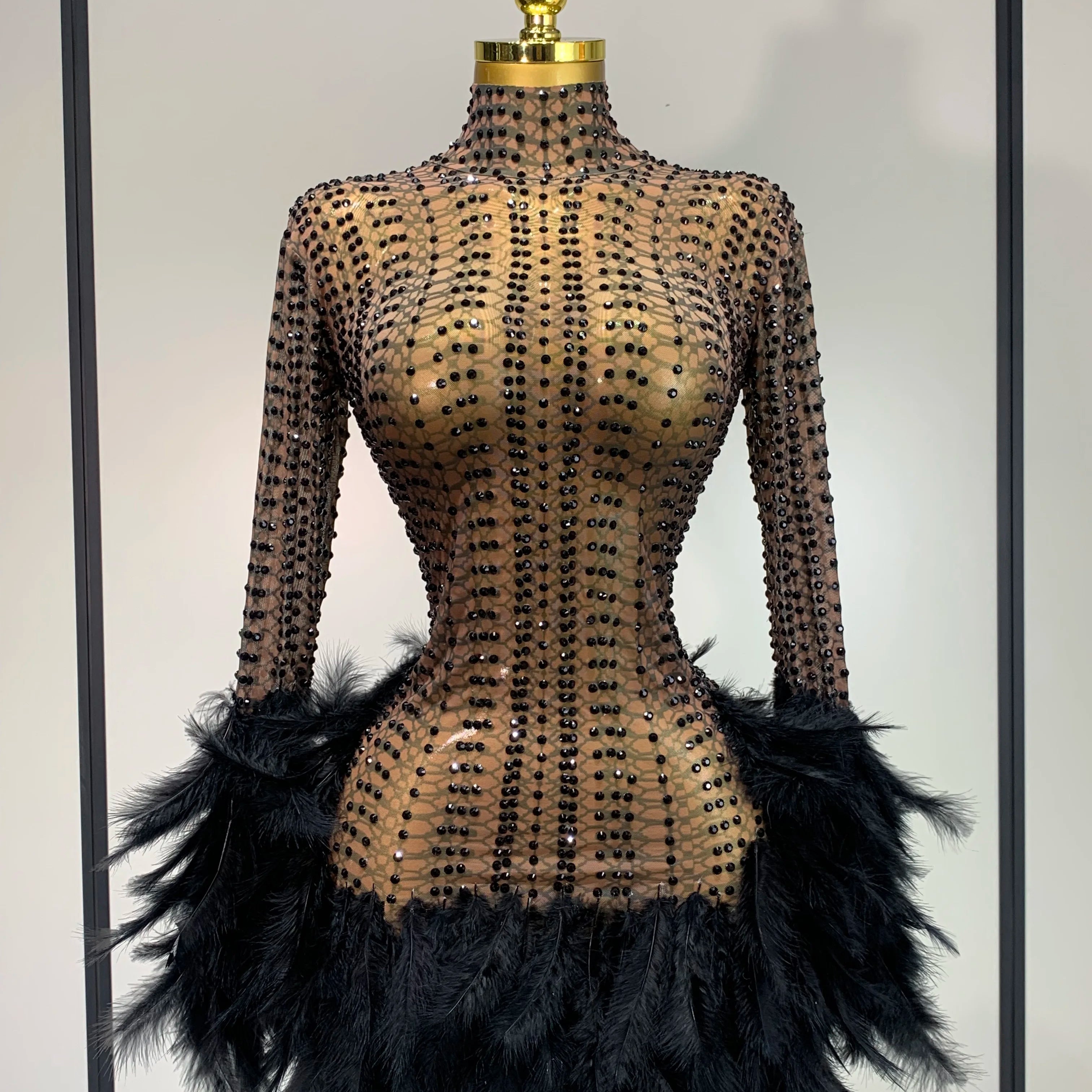 Women Luxury Birthday Dress Rhinestones Mesh Feathers Bodycon Mini Celebrity Evening Club Party Dress Nightclub Stage Outfit black