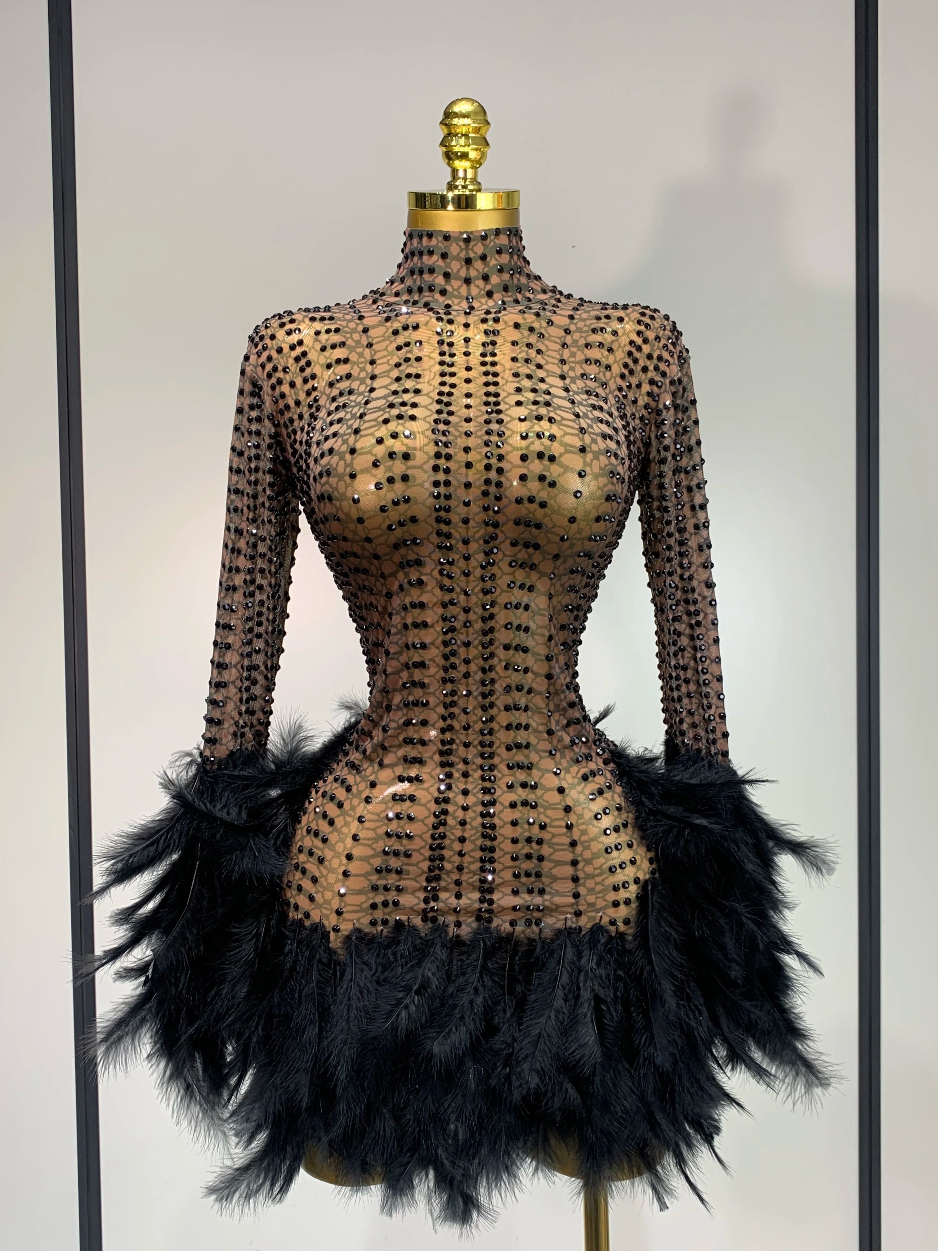 Women Luxury Birthday Dress Rhinestones Mesh Feathers Bodycon Mini Celebrity Evening Club Party Dress Nightclub Stage Outfit black