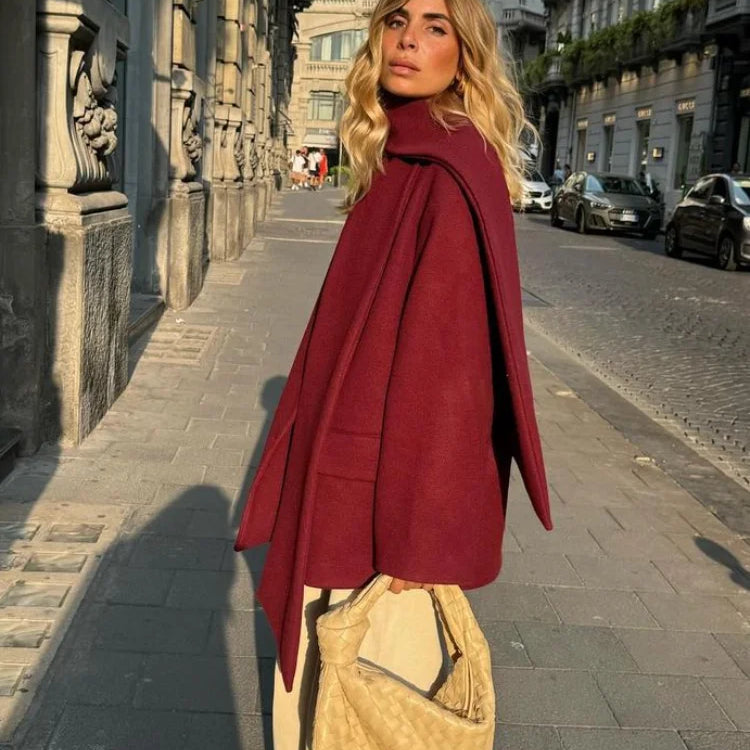 New Fashion Burgundy Red Woolen Suit Jacket With Scarf Collar Women Chic Oversized Flip Pockets Solid Coats Lady Streetwear