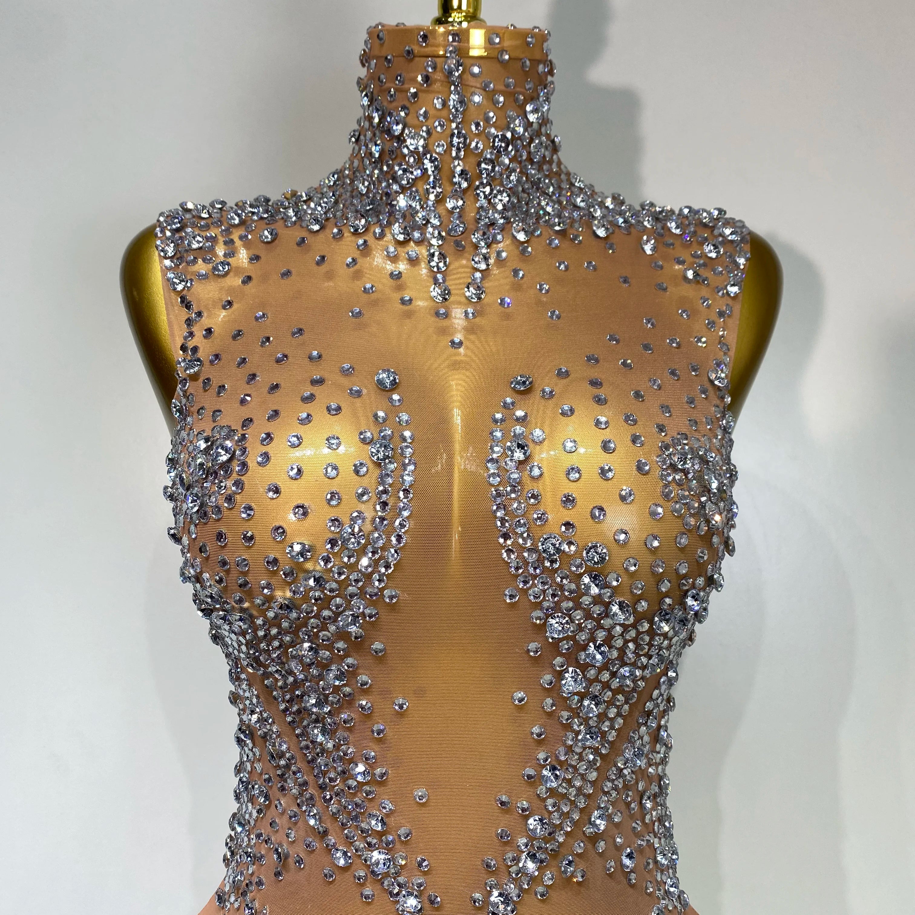 Women Sexy See Through Crystal Bodysuits Luxury Birthday Dancer Stage Performance Wear Mesh Sparkly Rhinestone Nightclub Outfit