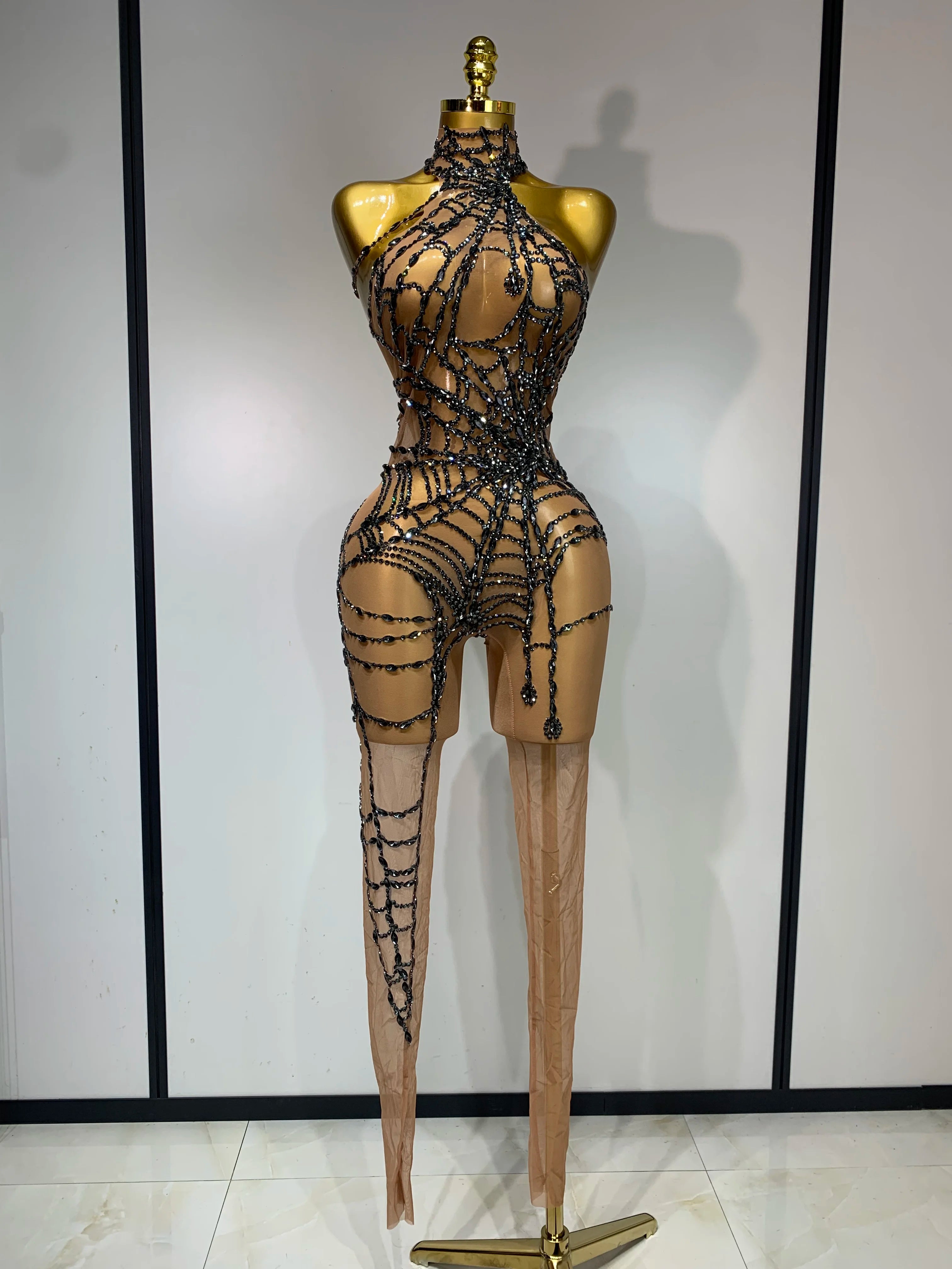 STOCK Sparkly Diamond Women Sexy Mesh Jumpsuit Nightclub Bar Party Show Gogo Dancer Clothing Drag Queen Outfit Stage Costume Khaki