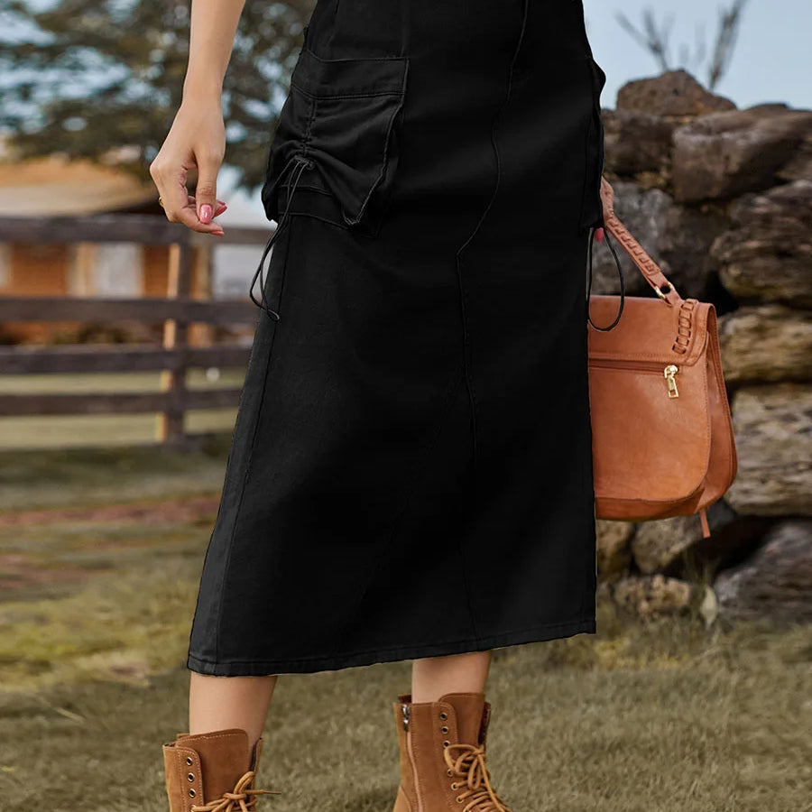 Edhomenn Women s Midi Cargo Skirt Solid Color Drawstring Denim Skirt with Pockets Y2k Long Skirt Streetwear