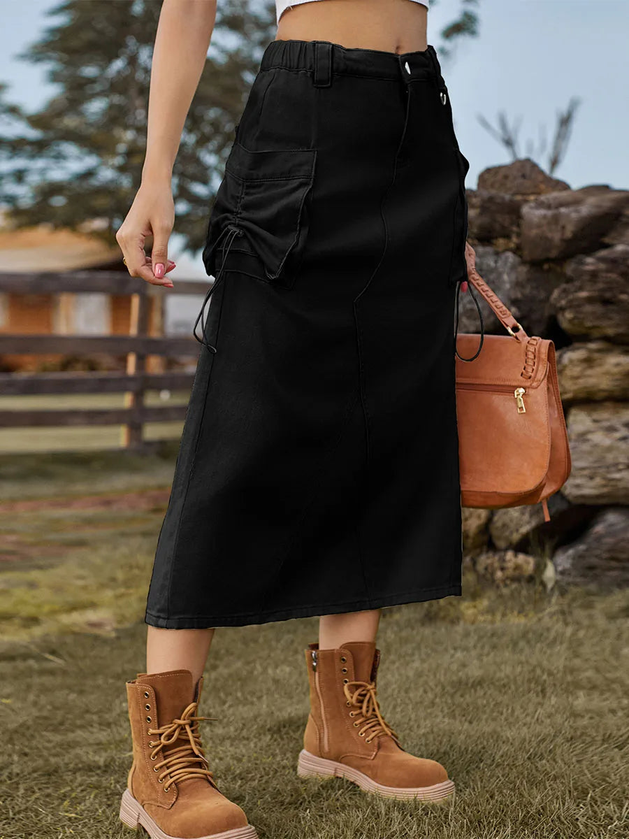 Edhomenn Women s Midi Cargo Skirt Solid Color Drawstring Denim Skirt with Pockets Y2k Long Skirt Streetwear