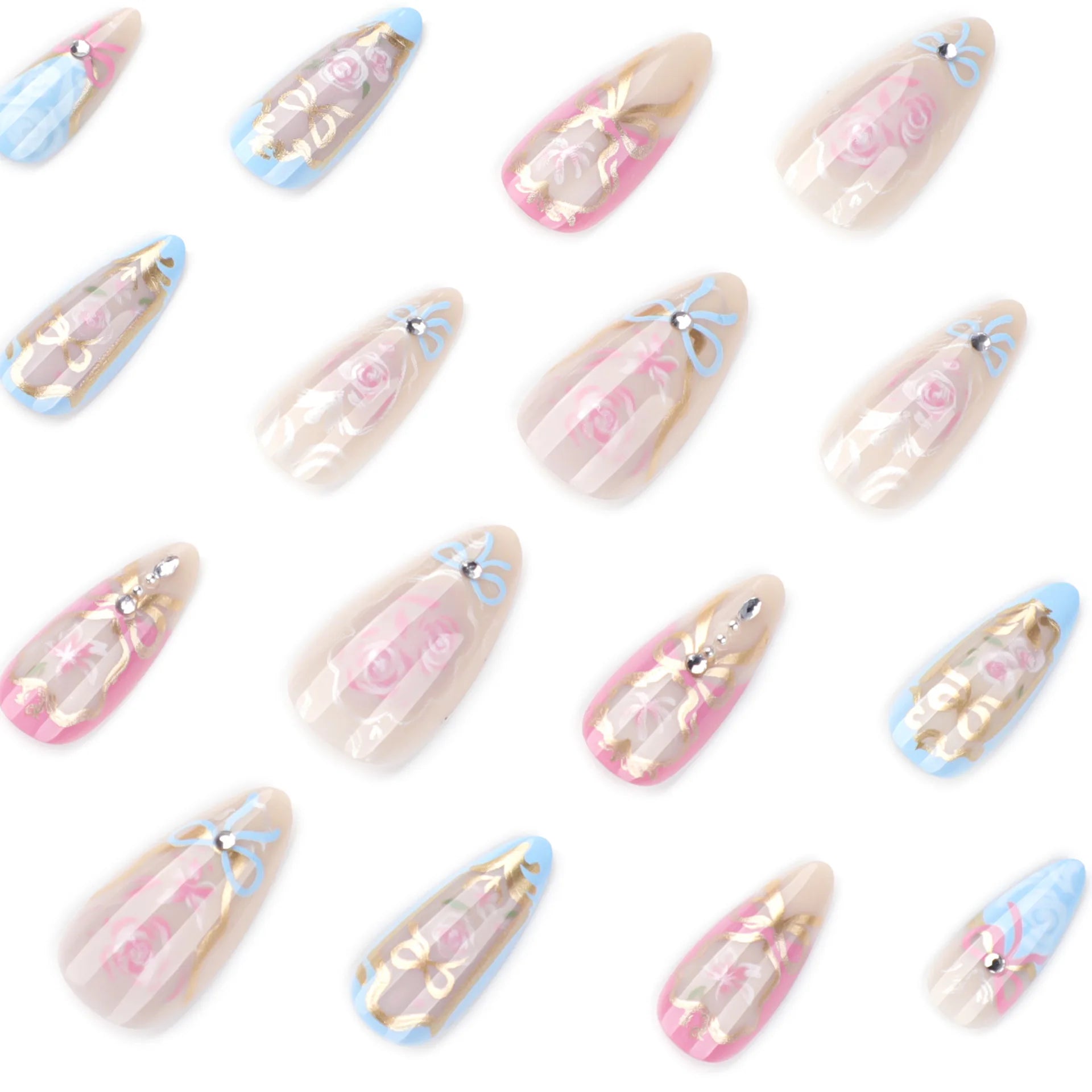 24pcs Sweet Rose Pattern False Nails Ins Korean Girl Fake Nails Tips Wearable Detachable Sweet Cool Almond Press on Nails