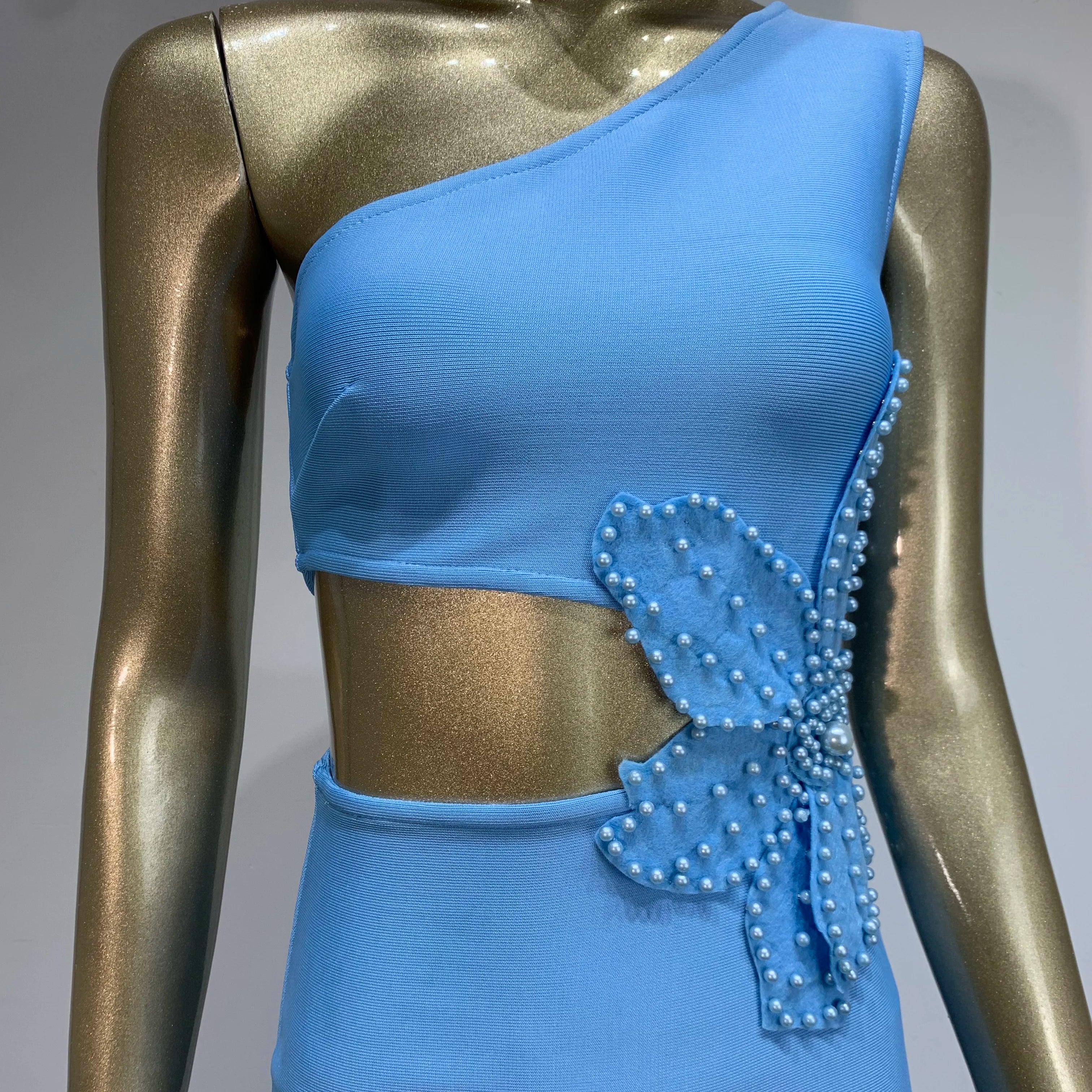 Bandage Dress Women Celebrity Sexy One Shoulder Cut Out Sky Blue Flower Midi Bodycon Elegant Evening Club Party Dress