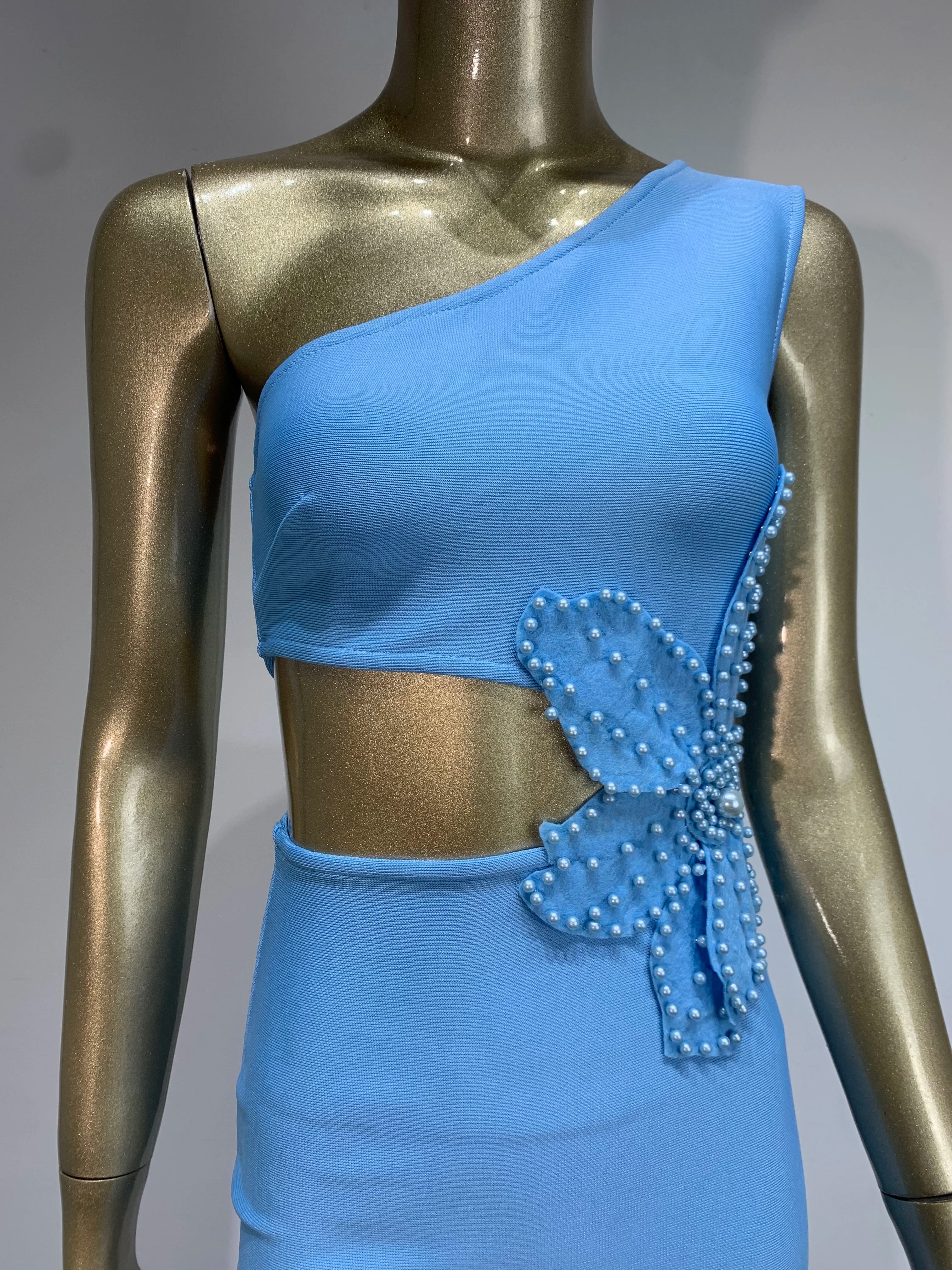 Bandage Dress Women Celebrity Sexy One Shoulder Cut Out Sky Blue Flower Midi Bodycon Elegant Evening Club Party Dress