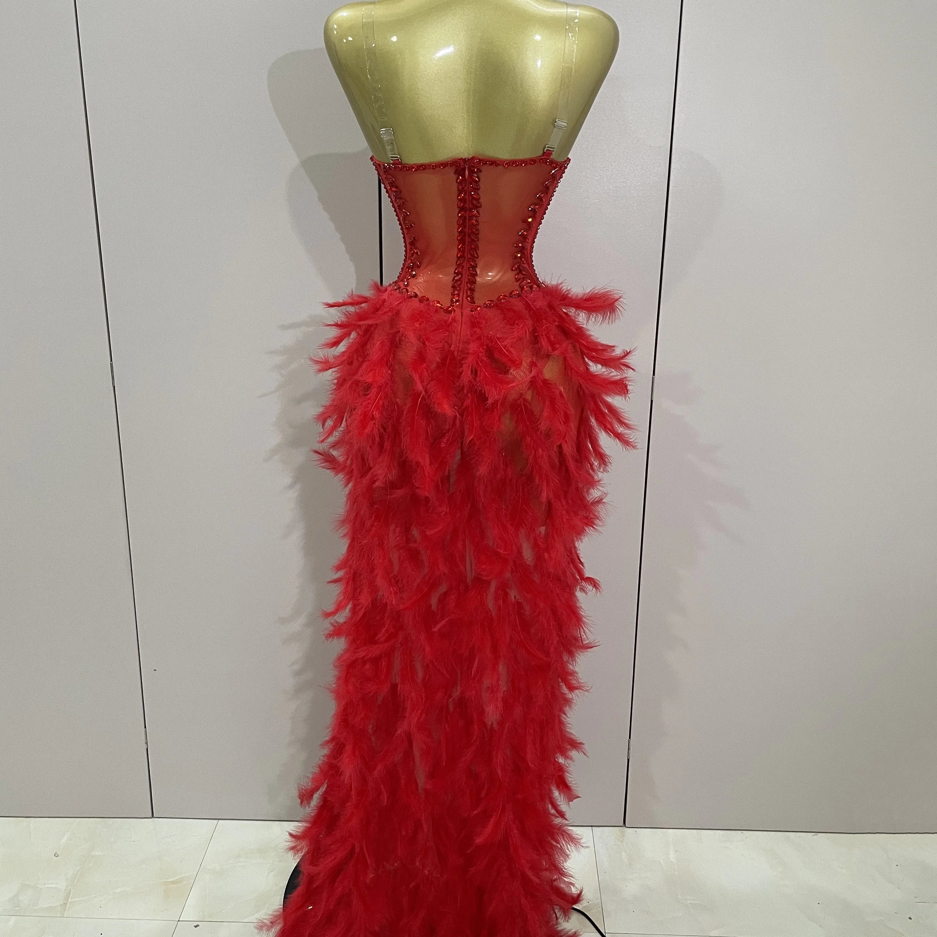 Luxury Sparkly Rhinestones Feathers Long Tail Dress Sexy Mesh Transparent Stage Bodysuit Evening Party Celebrate Birthday Dress