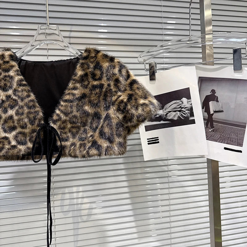 Winter New Style V-Neck Yellow Leopard Print Tie Design Fluffy Shawl Top For Women High Waist Cardigan Female 11A07487