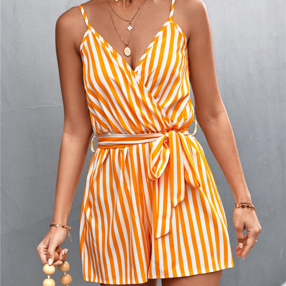 Sleeveless Summer Jumpsuit For Women Casual Stripe Woman Jumpsuit Loose V-Neck Summer Romper Shorts Beach Playsuit Female Outfit
