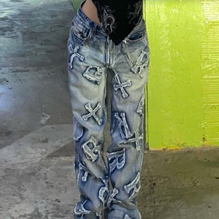 Rockmore Patchwork Women's Jeans Y2K Streetwear Baggy Straight Cargo Pants Punk High Waist Wide Leg Denim Trousers 90s Vintage