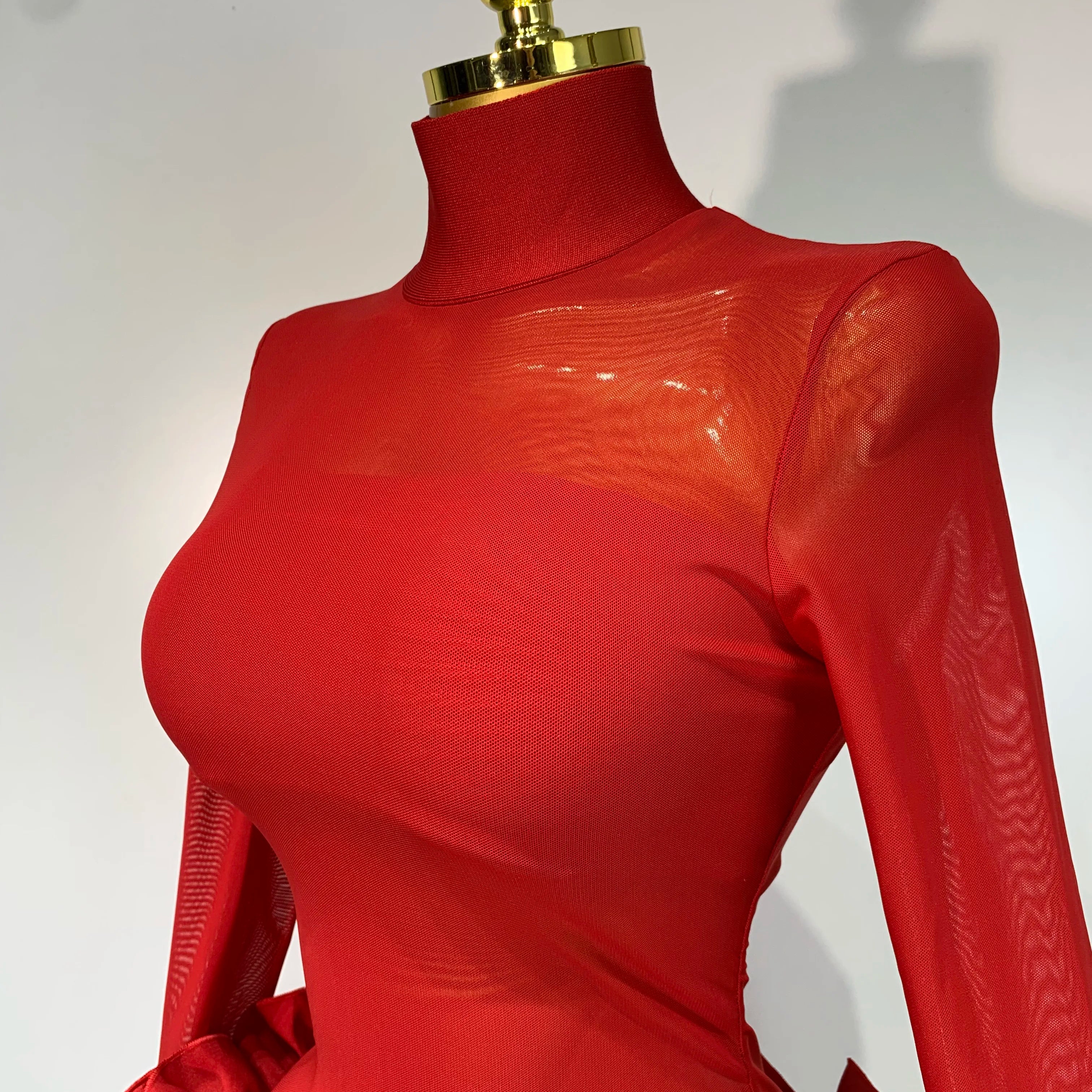 Women Sexy Mesh See through Stereoscopic Flowers Red Mini Bandage Dress Birthday Party Evening Dress Club Singer Perform Costume