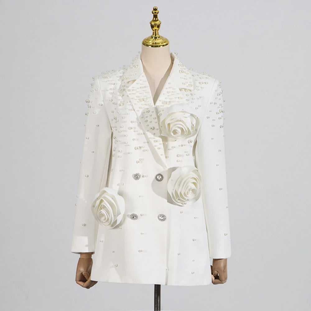 Solid Loose Spliced Appliques Elegant Jackets for Women Lapel Long Sleeves Patchwork Bead Luxurious Jacket Female WHITE
