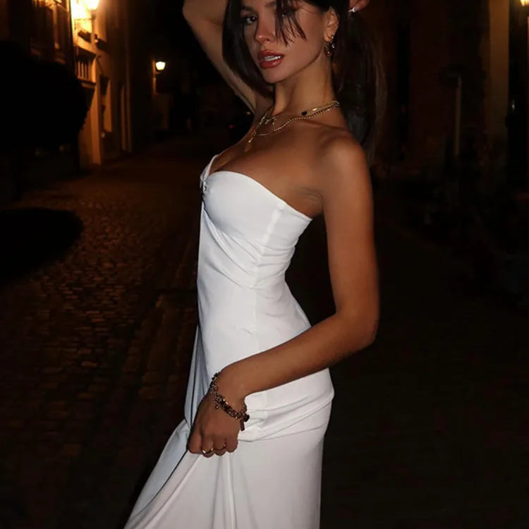 Metal Button Strapless Backless Long Dress Women Fashion Hollow Out Off-shoulder Sleeveless Bodycon Party Midi Dress