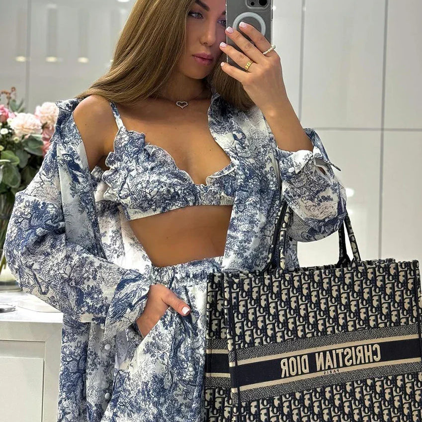 Clacive Fashion Loose Print 3 Piece Sets Women Outfit Elegant Long Sleeve Shirt + Bra With High Waist Shorts Set Streetwear