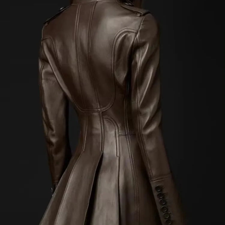 Autumn Fitted Coffee Skirted Pu Leather Blazer Jacket Women Long Sleeve Double Breasted European Fashion Brown