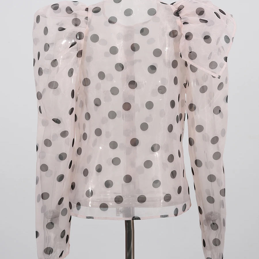 Hit Color Sheer Spliced Wave Point Two Piece Sets for Women Round Neck Long Sleeves Top High Waist Skirt Set Female