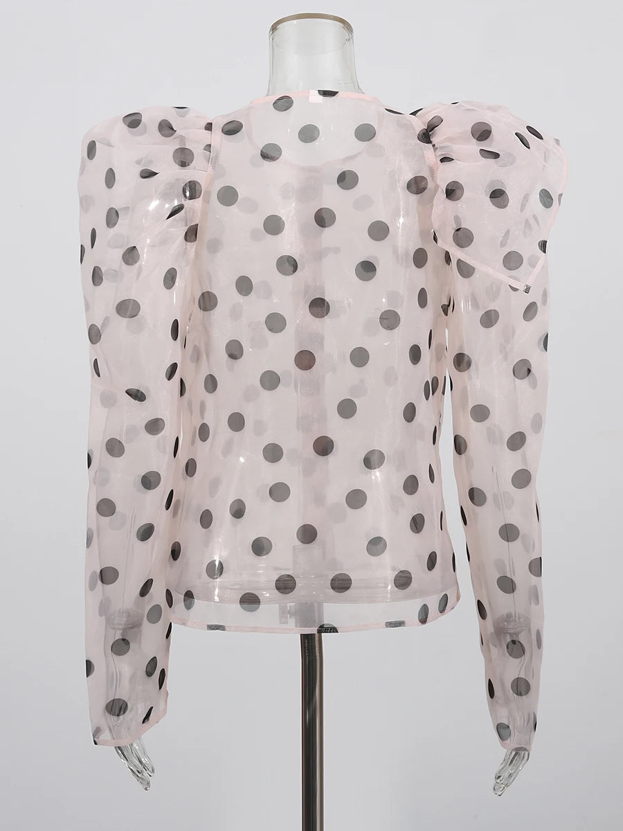 Hit Color Sheer Spliced Wave Point Two Piece Sets for Women Round Neck Long Sleeves Top High Waist Skirt Set Female