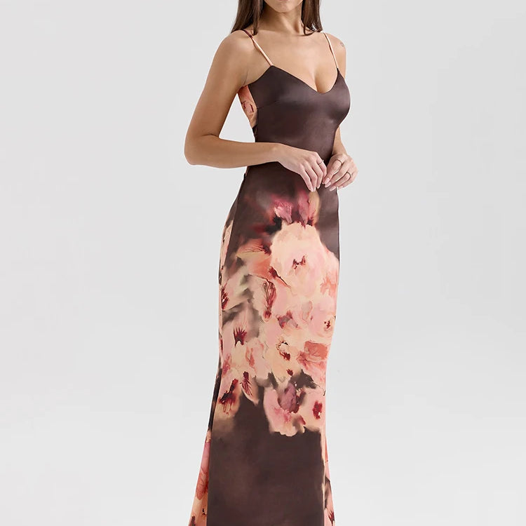 Mozision Satin Floral Print Sexy Maxi Dress Women Gown Elegant Spaghetti Strap Sleeveless Backless Bodycon Evening Club Dress