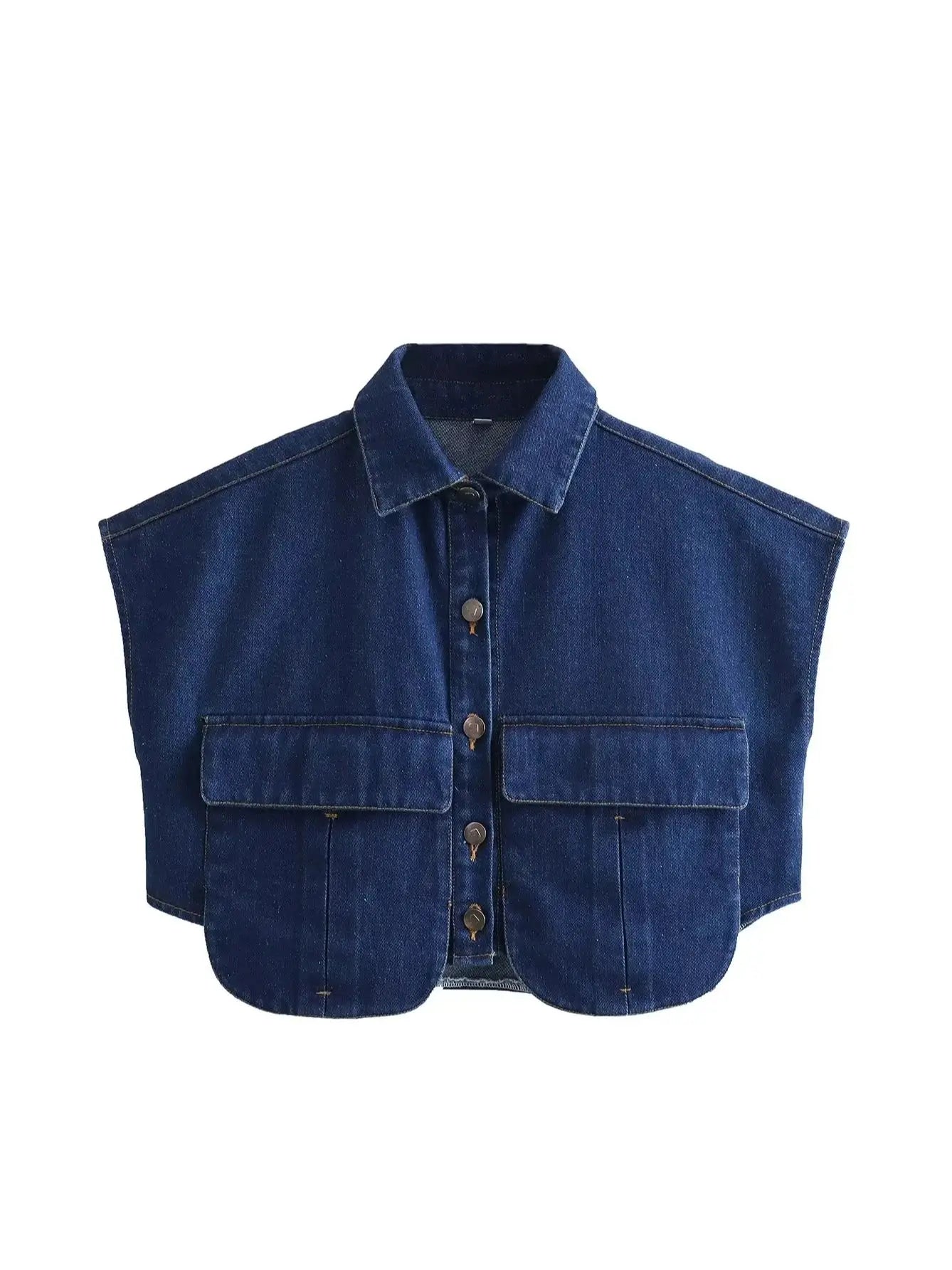 XNWMNZ Women Fashion Pockets Cropped Denim Shirts Sexy Sleeveless Button-up Female Blouses Blusas Chic Top picture colour