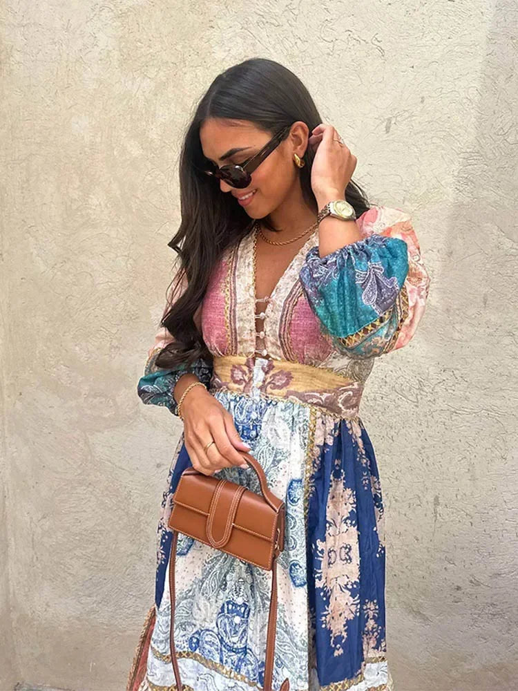 Fashion Puff Sleeve Patchwork Print Midi Dress Women Sexy V Neck High Waist Long Dresses Female Vacation Street Vestidos