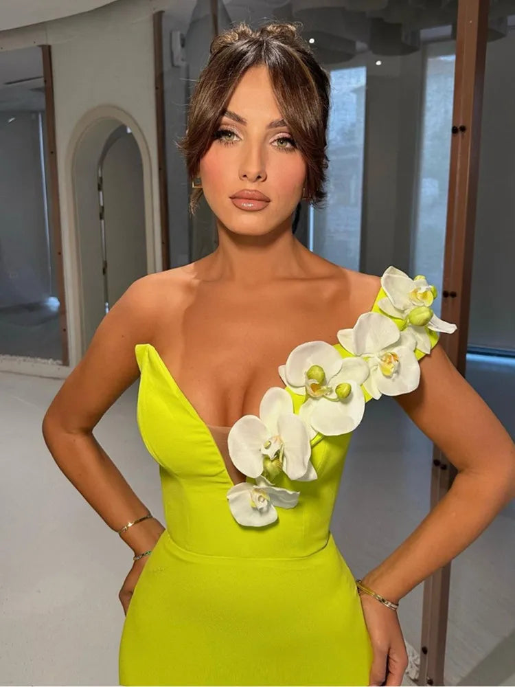 Women Celebrity Sexy One Shoulder Green Flower Maxi Long Bodycon Bandage Dress Elegant Evening Club Party Dress